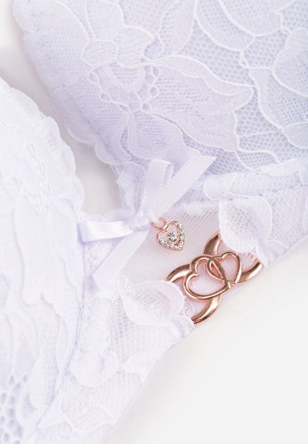 Born2be - Biały Biustonosz z Ozdobną Koronką i Metaliczną Ozdobą Terzedi. Kolor: biały. Materiał: koronka. Rodzaj stanika: odpinane ramiączka. Wzór: aplikacja, koronka