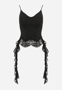 Born2be - Czarna Bluzka z Wiskozą i Koronkowym Dołem Himenore. Okazja: na urodziny, na imprezę. Typ kołnierza: kołnierz z falbankami. Kolor: czarny. Materiał: wiskoza, koronka. Długość rękawa: na ramiączkach. Długość: krótkie. Wzór: koronka. Styl: elegancki #6