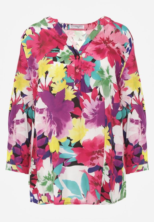 Renee - Różowa Wiskozowa Bluzka z Guzikami Przy Dekolcie w Kwiaty Kleddia. Kolor: różowy. Materiał: wiskoza. Wzór: kwiaty