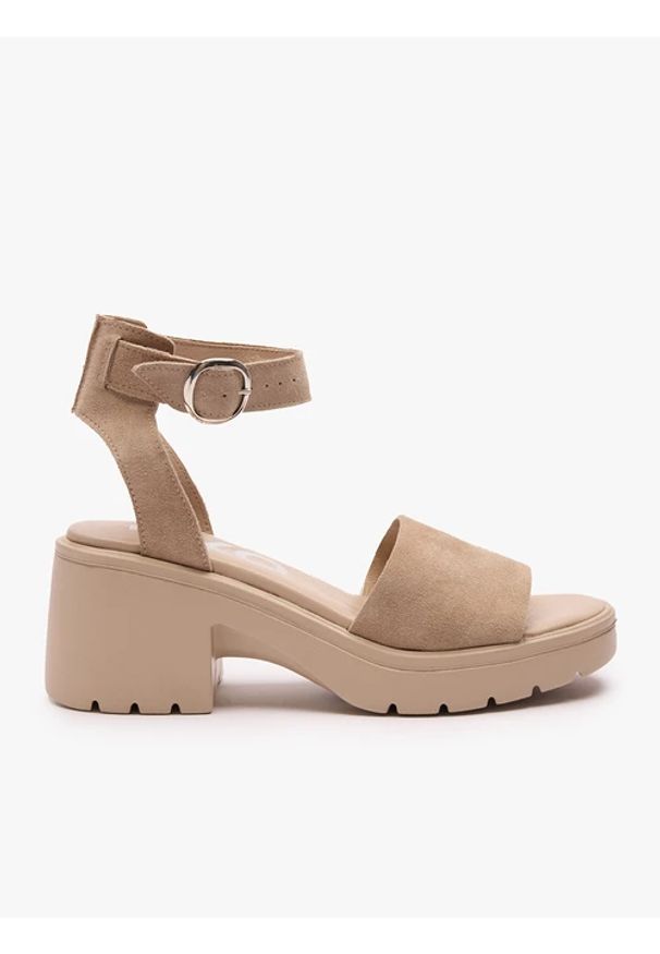 Ryłko - Piaskowe sandały na traperowym spodzie. Nosek buta: okrągły. Zapięcie: pasek. Kolor: beżowy. Materiał: skóra, welur. Sezon: lato. Obcas: na obcasie. Styl: elegancki. Wysokość obcasa: średni