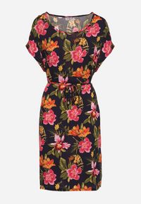 Born2be - Granatowo-Róźowa Wiskozowa Sukienka w Kwiaty z Materiałowym Paskiem w Talii Claristi. Okazja: na co dzień. Kolekcja: plus size. Kolor: niebieski. Materiał: wiskoza, materiał. Wzór: kwiaty. Sezon: lato. Typ sukienki: dla puszystych. Styl: elegancki, casual, klasyczny #3