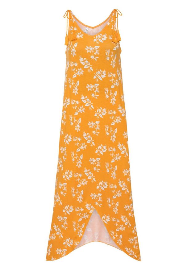 Długa sukienka z dłuższymi bokami bonprix żółto-pomarańczowy w roślinny wzór. Kolor: żółty. Wzór: kwiaty. Długość: maxi