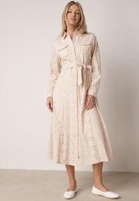 Born2be - Beżowa Bawełniana Sukienka z Ażurowym Wzorem i Paskiem Noviellea. Okazja: na co dzień. Kolor: beżowy. Materiał: bawełna. Wzór: ażurowy. Styl: casual, elegancki, klasyczny #4