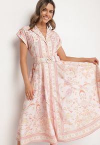 Born2be - Różowa Rozkloszowana Sukienka Koszulowa z Lnu i Wiskozy z Paskiem Alumera. Typ kołnierza: dekolt w serek, kołnierzyk klasyczny. Kolor: różowy. Materiał: wiskoza, len. Typ sukienki: koszulowe. Styl: klasyczny #4