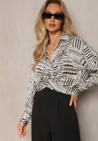 Renee - Beżowo-Czarna Koszula o Luźnym Fasonie w Etno Wzór Goliana. Kolor: beżowy. Styl: etno