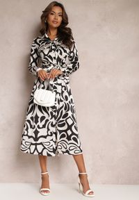Renee - Czarno-Biała Sukienka Koszulowa Tranol. Okazja: na co dzień. Kolor: biały. Materiał: tkanina, materiał, satyna. Typ sukienki: koszulowe. Styl: elegancki, casual. Długość: midi #3