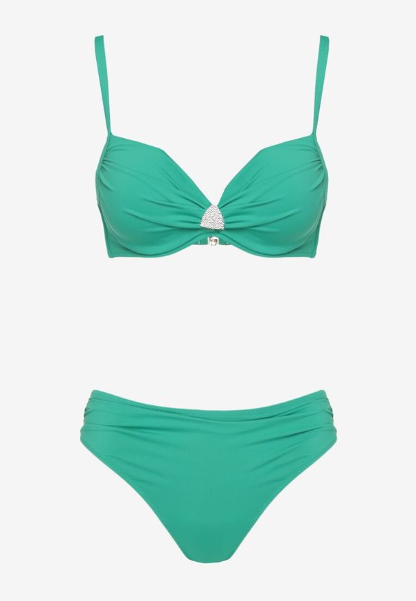 Born2be - Zielone Bikini Biustonosz z Trójkątną Ozdobą i Majtki Typu Figi Natisalia. Kolor: zielony. Wzór: aplikacja