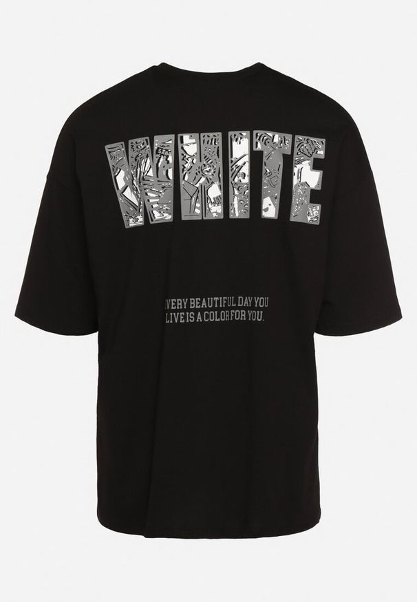 Born2be - Czarna Bawełniana Koszulka T-shirt z Ozdobnym Nadrukiem Sanestia. Okazja: na co dzień. Kolor: czarny. Materiał: bawełna. Wzór: nadruk. Styl: klasyczny, casual, elegancki