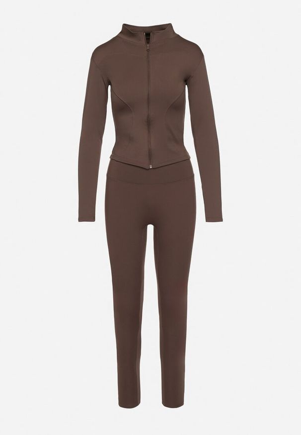 Born2be - Brązowy Komplet Sportowy Bluza z Wycięciem na Kciuk i Legginsy Redinelle. Kolor: brązowy