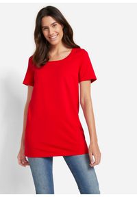 bonprix - Długi t-shirt basic (2 szt.), krótki rękaw. Kolor: czerwony. Długość rękawa: krótki rękaw. Długość: krótkie