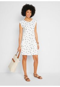 bonprix - Sukienka shirtowa z rękawami motylkowymi i nadrukiem. Kolor: biały. Materiał: jersey. Wzór: nadruk #2
