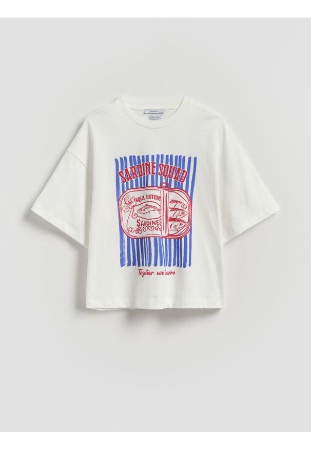 Reserved - Luźny t-shirt z nadrukiem - złamana biel. Materiał: bawełna. Wzór: nadruk
