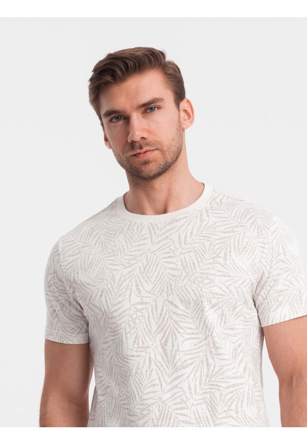Ombre Clothing - T-shirt męski fullprint w liście palmy - jasnobeżowy V1 OM-TSFP-0182 - XXL. Okazja: na co dzień. Kolor: beżowy. Materiał: bawełna, skóra. Styl: casual