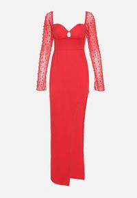 Born2be - Czerwona Sukienka z Dekoltem Caro i Siateczkowymi Rękawami z Perełkami Inelara. Kolor: czerwony. Wzór: aplikacja #2