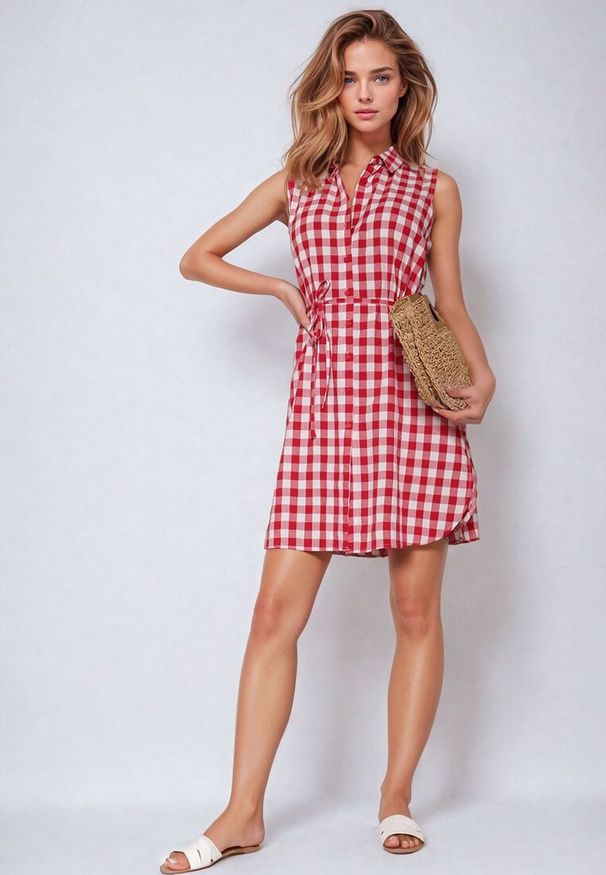 Born2be - Czerwono-Biała Sukienka Koszulowa z Wiskozy z Materiałowym Paskiem w Talii Rivasolin. Okazja: na spacer, na co dzień. Kolor: czerwony. Materiał: wiskoza, materiał. Sezon: lato. Typ sukienki: koszulowe. Styl: casual