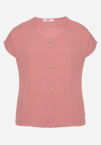 Born2be - Różowa Bluzka Ozdobiona Guziczkami z Przodu Mepiana. Okazja: na co dzień. Kolor: różowy. Materiał: jeans. Długość rękawa: krótki rękaw. Długość: krótkie. Wzór: aplikacja. Styl: klasyczny, elegancki, casual #3