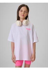 4f - 4F T-shirt loose z nadrukiem dziewczęcy - biały 134/140 (8-10 lat). Okazja: na co dzień. Kolor: biały. Materiał: materiał, bawełna, dresówka, dzianina. Wzór: nadruk. Sezon: lato. Styl: klasyczny, casual #1