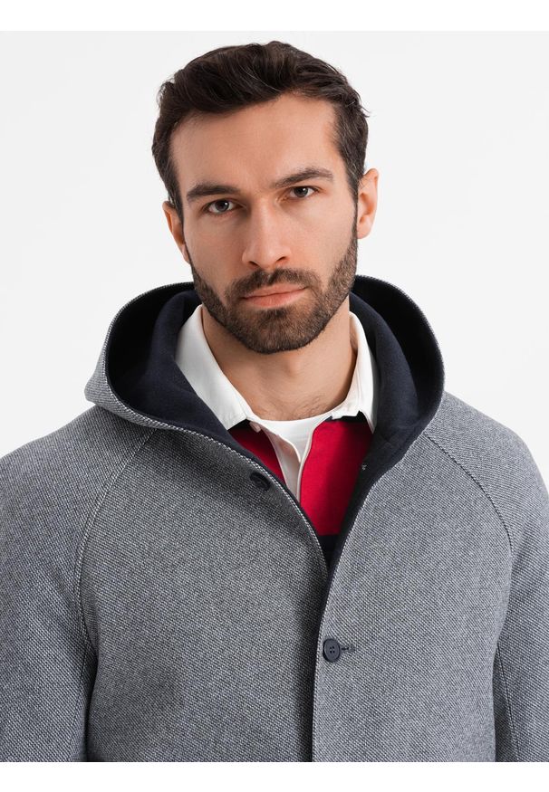 Ombre Clothing - Melanżowy męski długi płaszcz z kapturem – szary V1 - Rozmiar: XXL. Typ kołnierza: kaptur. Kolor: niebieski. Materiał: tkanina, wełna, poliester, materiał, syntetyk, włókno, nylon. Długość: długie. Wzór: melanż. Sezon: zima. Styl: elegancki