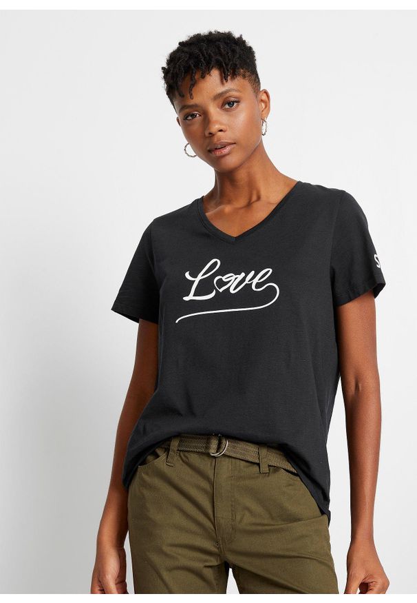 bonprix - Shirt z nadrukiem. Typ kołnierza: dekolt w serek. Kolor: czarny. Wzór: nadruk