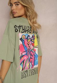 Renee - Jasnozielony Bawełniany T-shirt o Fasonie Oversize z Nadrukiem na Przodzie Lisitha. Kolor: zielony. Materiał: bawełna. Wzór: nadruk