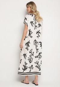 Born2be - Czarno-Beżowa Sukienka z Lnem i Wiskozą o Pudełkowym Kroju Sadirene. Okazja: na co dzień, na spotkanie biznesowe. Kolor: czarny. Materiał: len, wiskoza. Wzór: kwiaty. Sezon: wiosna, lato. Styl: biznesowy, casual, elegancki #3