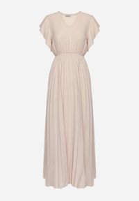 Born2be - Beżowa Plisowana Sukienka Maxi Rozkloszowana z Luźnymi Rękawkami Serahpine. Okazja: na co dzień, na spacer, na imprezę. Kolor: beżowy. Długość rękawa: krótki rękaw. Typ sukienki: proste. Styl: casual. Długość: maxi #4