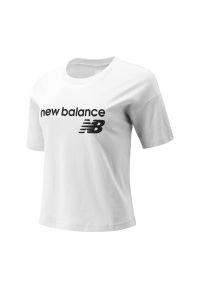 Koszulka New Balance WT03805WT - biała. Kolor: biały. Materiał: bawełna, tkanina. Długość rękawa: krótki rękaw. Długość: krótkie. Wzór: napisy #1