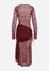 Born2be - Bordowa Koktajlowa Sukienka Koronkowa z Usztywnionymi Miseczkami i Marszczeniami Temias. Kolor: czerwony. Materiał: koronka. Długość rękawa: długi rękaw. Wzór: koronka. Styl: wizytowy #6