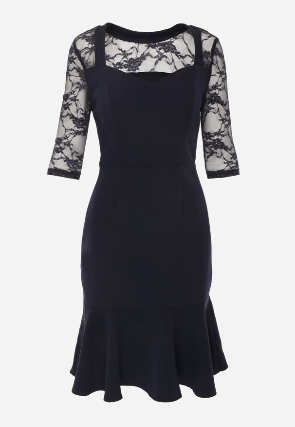 Renee - Granatowa Sukienka VICES o Taliowanym Kroju z Rękawami z Koronki Metirei. Kolor: niebieski. Materiał: koronka. Wzór: koronka. Styl: elegancki