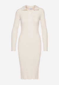 Born2be - Beżowa Dopasowana Sukienka Sweterkowa z Modalem i Wiskozą Ozdobiona Kołnierzykiem Seanelora. Kolor: beżowy. Materiał: wiskoza. Długość rękawa: długi rękaw. Wzór: aplikacja. Długość: midi #6
