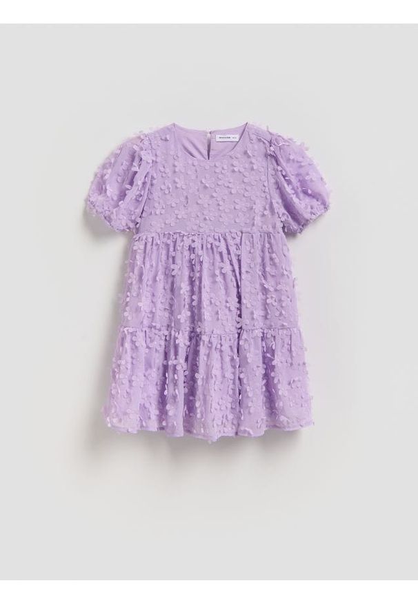 Reserved - Sukienka z bufiastymi rękawami - fioletowy. Kolor: fioletowy. Materiał: tkanina
