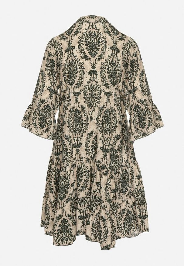 Born2be - Zielono-Beżowa Bawełniana Rozkloszowana Sukienka z Falbankami Miloa. Okazja: na co dzień. Typ kołnierza: kołnierz z falbankami. Kolor: zielony. Materiał: bawełna. Typ sukienki: proste, rozkloszowane. Styl: klasyczny, casual