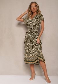 Renee - Zielono-Beżowa Sukienka z Bawełny Ozdobiona Ornamentnym Motywem Fillena. Kolor: zielony. Materiał: bawełna. Wzór: aplikacja #3