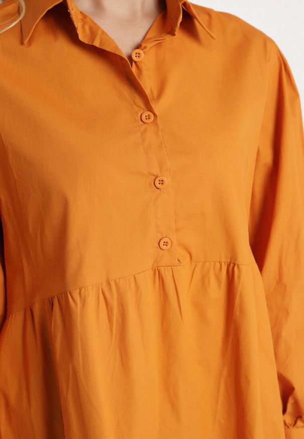 Born2be - Pomarańczowa Bawełniana Sukienka Koszulowa o Rozkloszowanym Kroju Olenias. Okazja: na co dzień. Kolor: pomarańczowy. Materiał: bawełna. Typ sukienki: koszulowe. Styl: casual