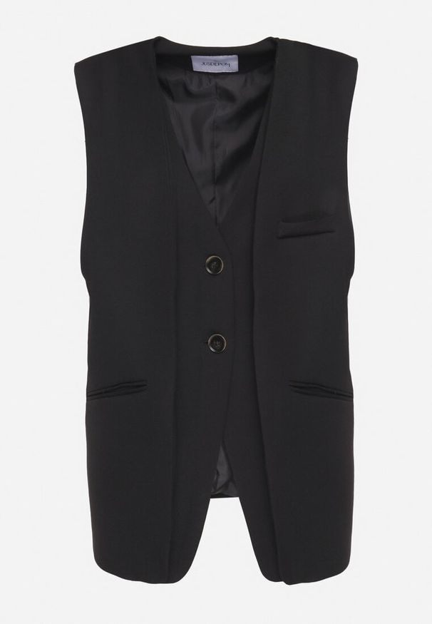 Born2be - Czarna Kamizelka Garniturowa Jednorzędowa z Imitacjami Kieszonek Sonanilia. Okazja: na co dzień, na spotkanie biznesowe. Kolor: czarny. Materiał: jeans. Styl: klasyczny, casual, biznesowy, elegancki