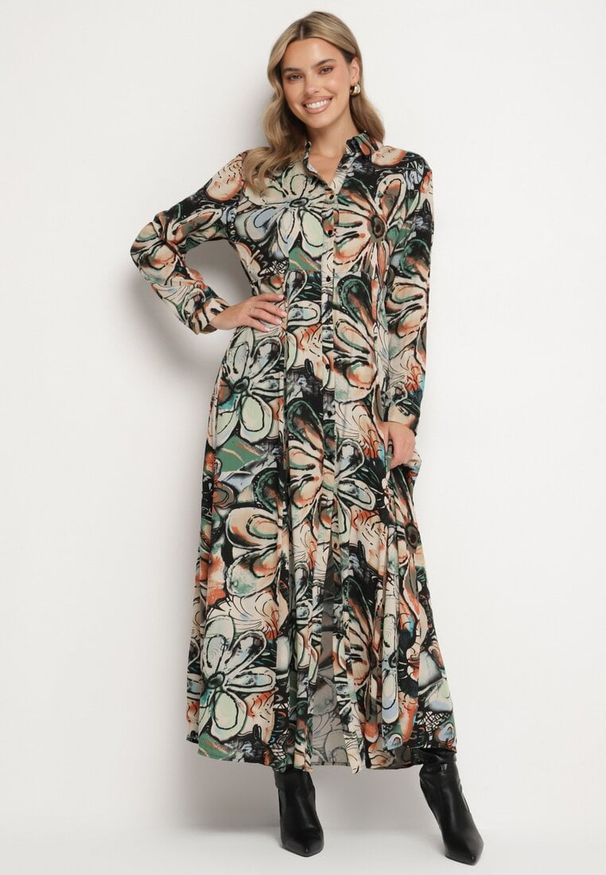 Born2be - Czarno-Beżowa Koszulowa Kwiatowa Sukienka z Wiskozy Ozdobiona Guzikami Enanoris. Okazja: na co dzień. Kolor: czarny. Materiał: wiskoza. Długość rękawa: długi rękaw. Wzór: aplikacja, kwiaty. Typ sukienki: koszulowe. Styl: casual, elegancki