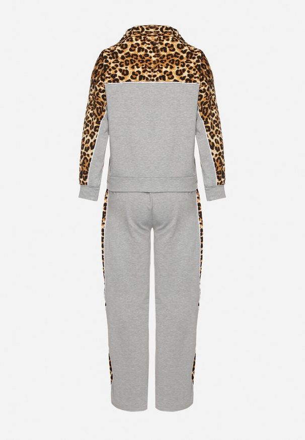 Born2be - Szary Komplet Dresowy Bluza ze Stójką i Szerokie Spodnie w Panterkę Savorre. Kolor: szary. Materiał: dresówka. Wzór: motyw zwierzęcy