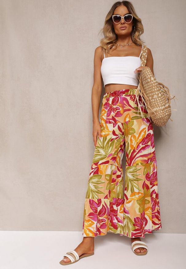 Renee - Zielono-Różowe Wiskozowe Spodnie z Wysokim Stanem i Szerokimi Nogawkami z Gumką w Talii Nansialia. Okazja: na co dzień. Stan: podwyższony. Kolor: zielony. Materiał: wiskoza. Styl: casual, elegancki