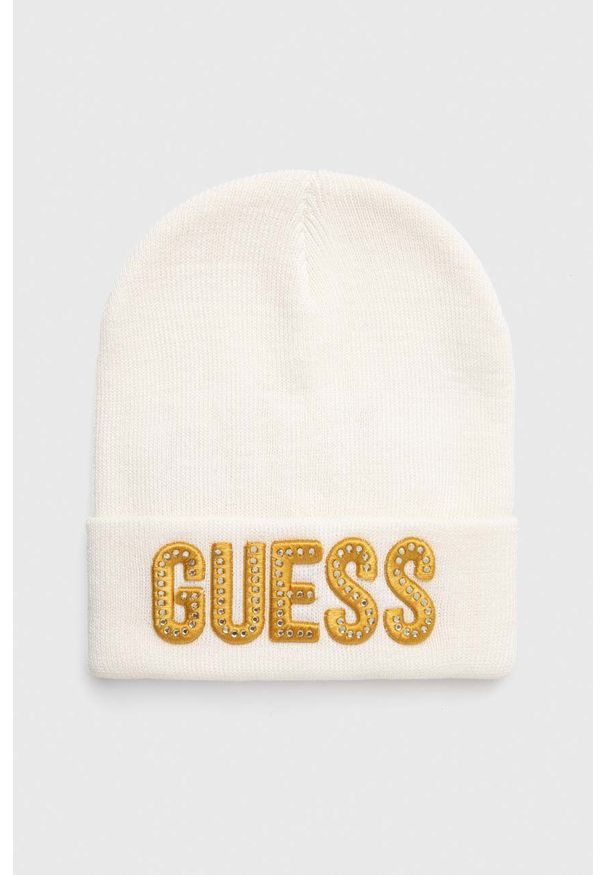 Guess czapka dziecięca kolor biały z cienkiej dzianiny. Kolor: biały. Materiał: dzianina