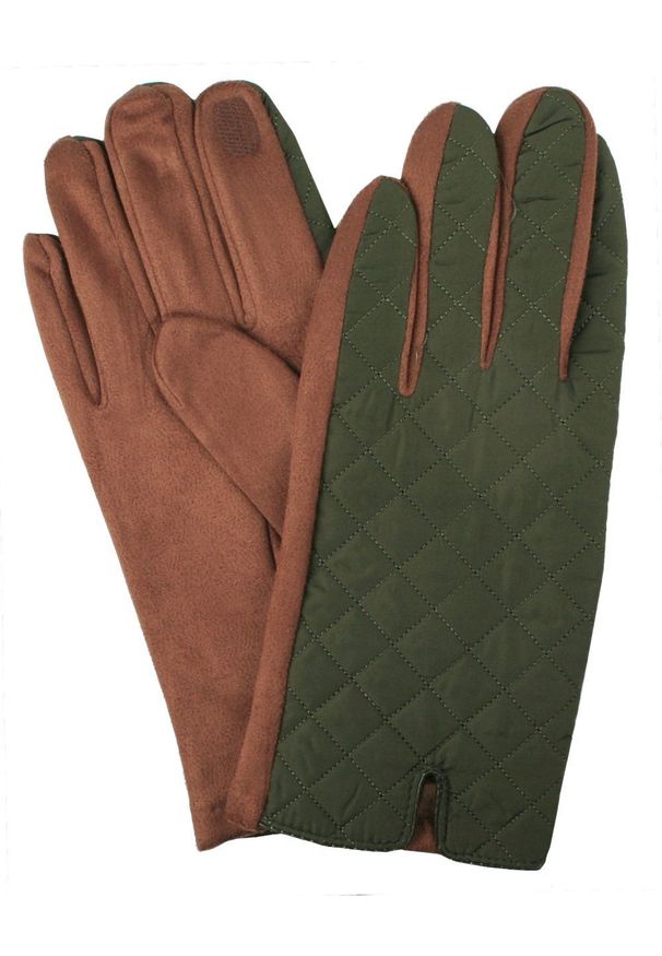 EM Men's Accessories - Eleganckie Pikowane Rękawiczki Męskie - Zieleń i Jasny Brąz. Kolor: brązowy. Materiał: poliester, bawełna. Wzór: aplikacja. Sezon: zima, jesień. Styl: elegancki