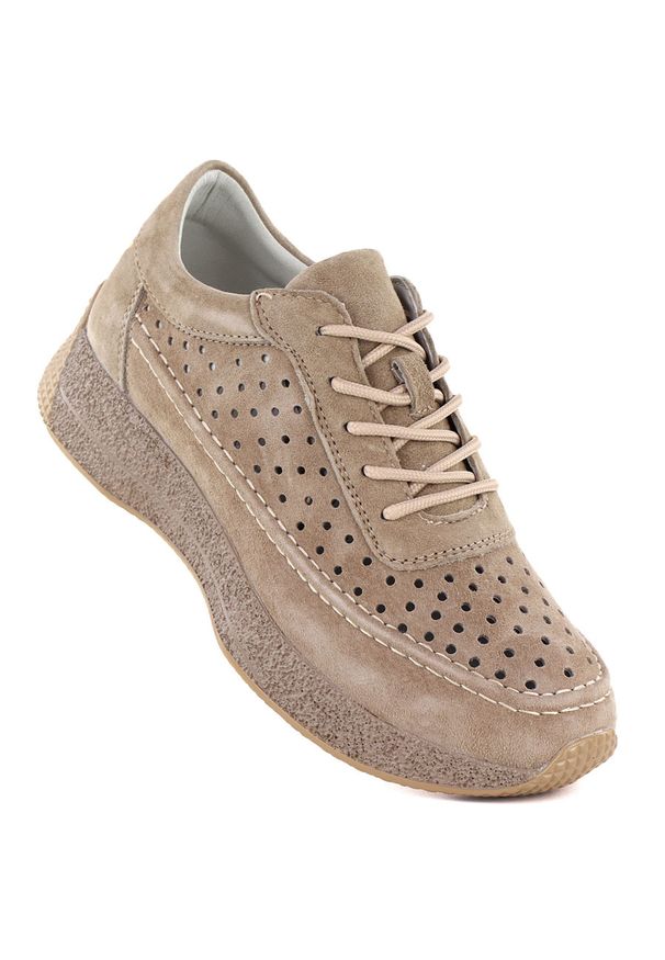 Skórzane półbuty damskie ażurowe jasny brąz Sergio Leone SP013. Kolor: brązowy. Materiał: skóra. Szerokość cholewki: normalna. Wzór: ażurowy