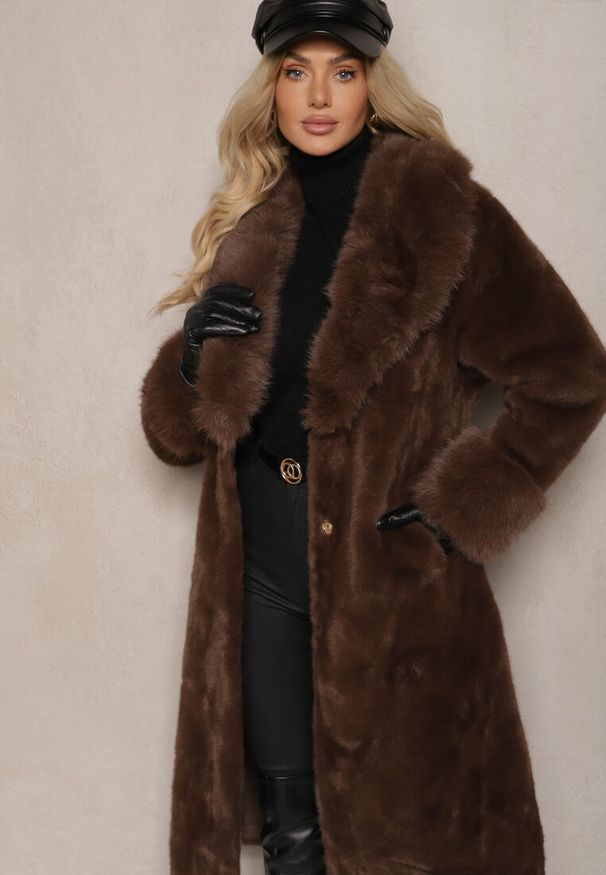 Renee - Brązowy Futrzany Płaszcz z Wiązanym Paskiem Ozdobnym Kołnierzem i Mankietami Viaressa. Okazja: na co dzień. Kolor: brązowy. Materiał: futro. Długość rękawa: długi rękaw. Długość: długie. Styl: rockowy, elegancki, casual
