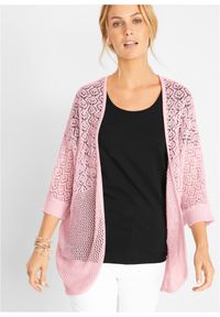 bonprix - Sweter bez zapięcia w ażurowy wzór, rękawy 3/4. Kolor: różowy. Długość rękawa: krótki rękaw. Długość: krótkie. Wzór: ażurowy #1