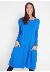Sukienka oversize z kieszeniami, poszerzana dołem bonprix lazurowy. Kolor: niebieski. Długość rękawa: długi rękaw. Typ sukienki: oversize #2
