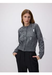 Reserved - Sweter z ozdobnymi aplikacjami - szary. Kolor: szary. Materiał: dzianina. Wzór: aplikacja. Styl: klasyczny
