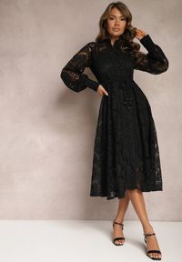 Renee - Czarna Koronkowa Sukienka Midi z Ozdobnym Wiązaniem Camaela. Kolor: czarny. Materiał: koronka. Długość rękawa: na ramiączkach. Długość: midi #3