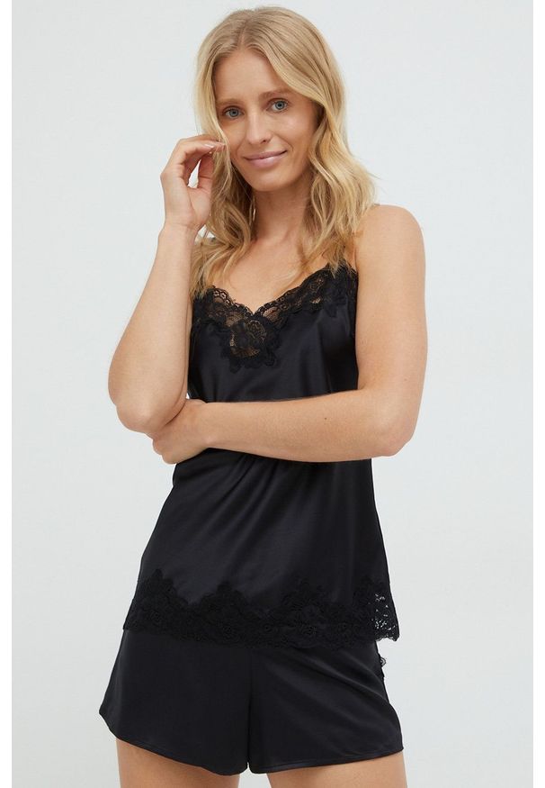Lauren Ralph Lauren piżama ILN11684 damska kolor czarny satynowa. Kolor: czarny. Materiał: satyna. Wzór: ze splotem