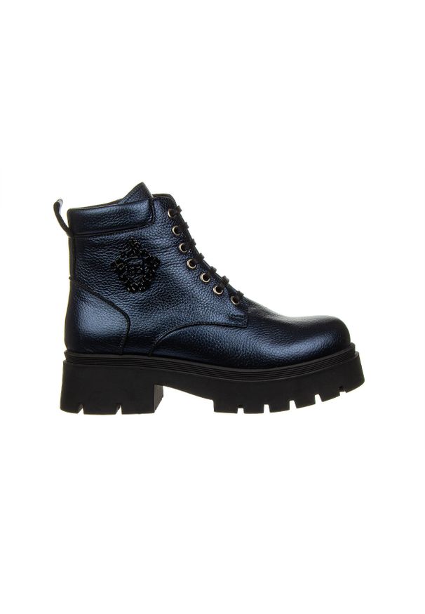 Trzewiki Bayla-161 084 606 81 1 Navy Metallic Floather 161593, Granatowy, Skóra naturalna - 39. Okazja: na co dzień. Kolor: niebieski. Szerokość cholewki: normalna. Wzór: aplikacja. Wysokość cholewki: za kostkę. Materiał: skóra. Sezon: zima, jesień. Obcas: na obcasie. Styl: elegancki, casual, klasyczny. Wysokość obcasa: średni