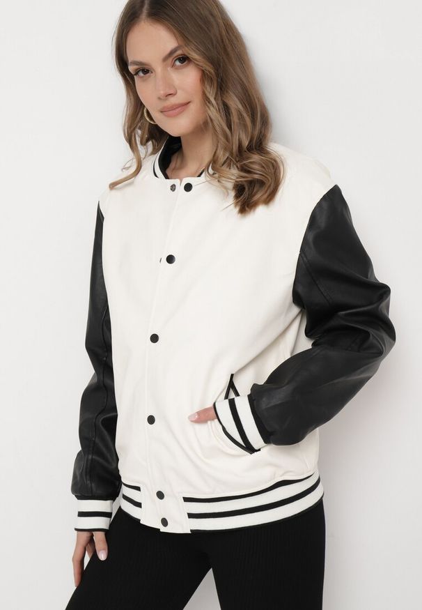 Born2be - Czarno-Beżowa Kurtka Bomberka ze Ściągaczami i Rękawami z Ekoskóry Livern. Kolor: czarny