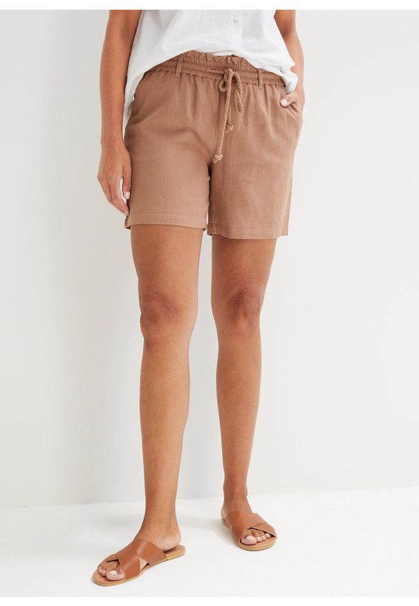 bonprix - Szorty paperbag z lnem. Kolor: brązowy. Materiał: len. Długość: krótkie. Sezon: lato